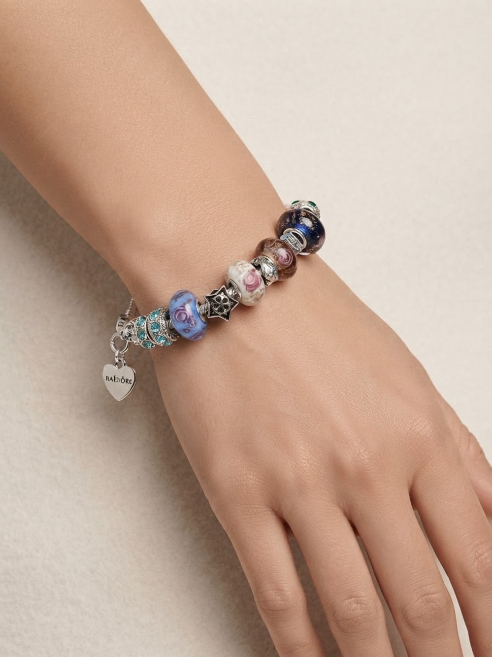 Silver Charm Bracelet with Multicolor Glass Beads